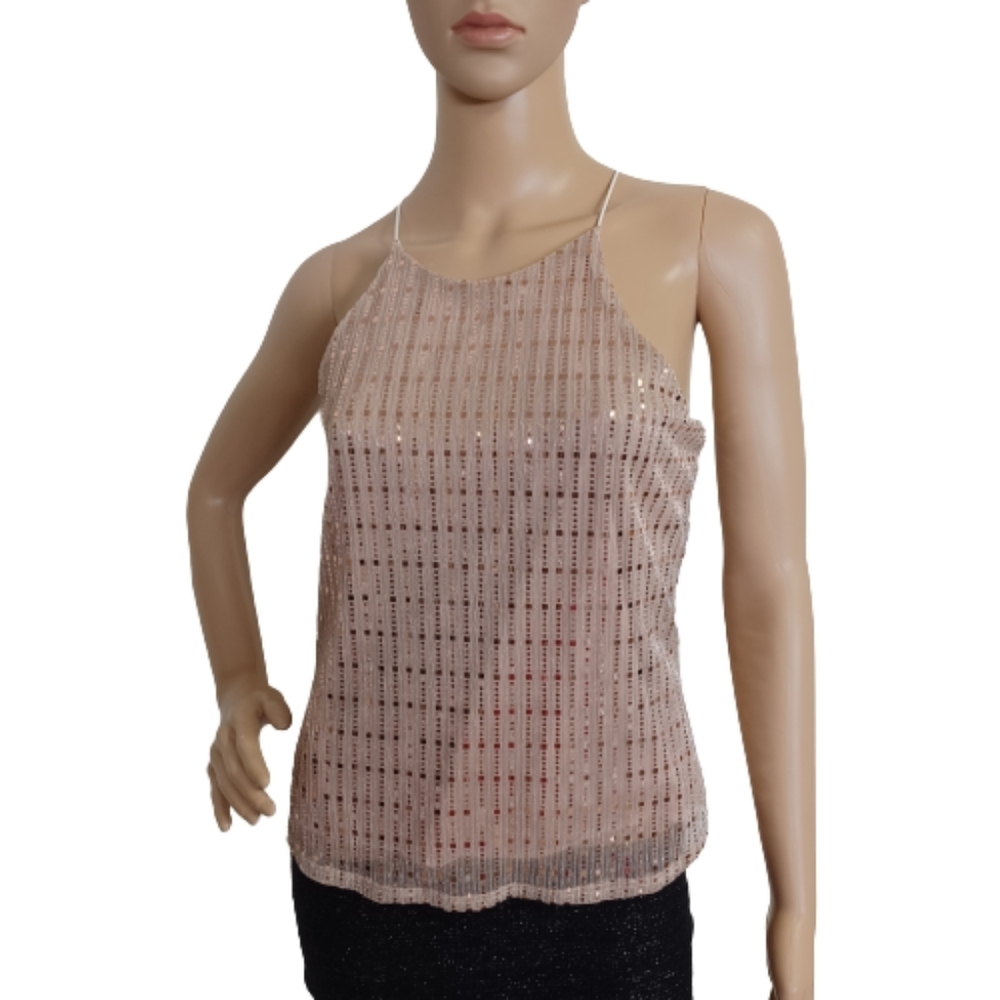 PAPERMOON Lightweight Champagne Metallic Embellished Sequin Spaghetti Strap Top
